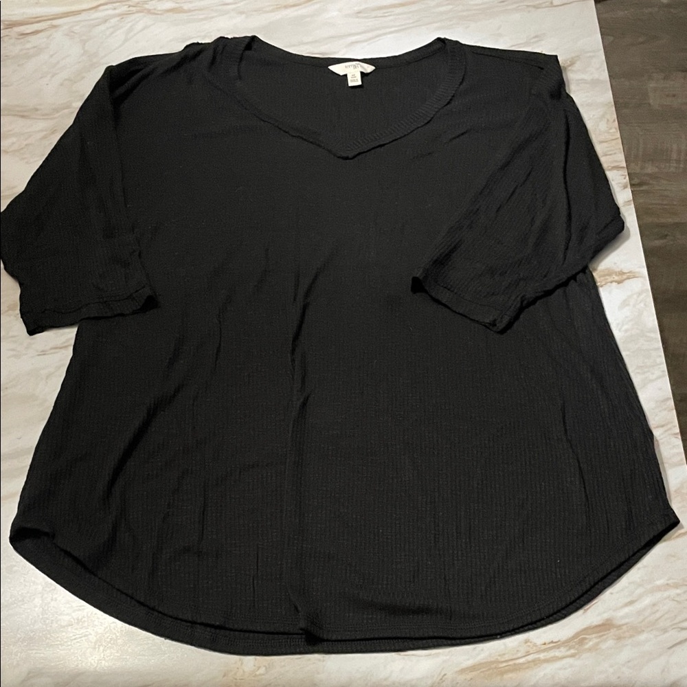 Terra & Sky Black 3/4 Sleeve V-Neck Top